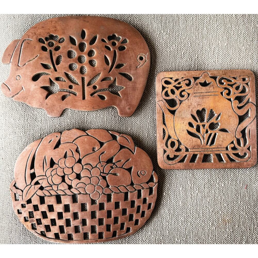 Vintage Copper Plated Trivet Set of 3 Pig, Teapot, Fruit Basket Wall Decor 1980s